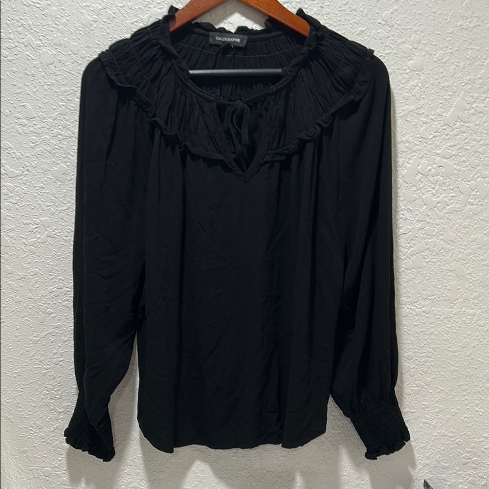CALLIGRAPHIE Black Long Sleeve Blouse with Ruffled Collar and Bib Collar S-XL - Picture 2 of 11